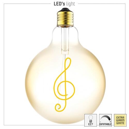 LED Filament Leuchtmittel - Globe G125 E27 4,5W 250lm 1800K 330° - dimmbar - Violinschlüssel Musik