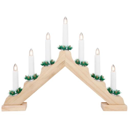 Weihnachtsleuchter 7-flammig Holz natur mit Deko Kränzchen Schwibbogen