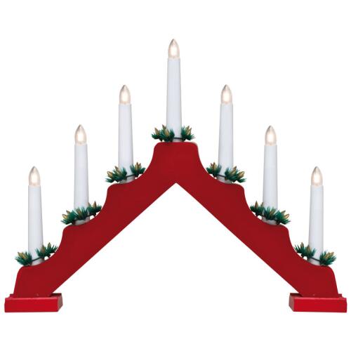 Weihnachtsleuchter 7-flammig Holz rot mit Deko Kränzchen Schwibbogen