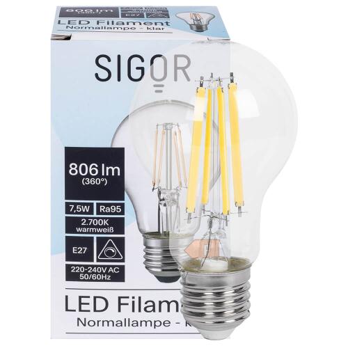Sigor Full Spectrum E27 LED Leuchtmittel Ra95 dimmbar 2700K warmweiß 7,5W (60W), 806 lm
