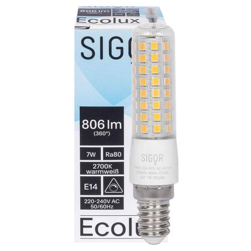 Sigor LED-Lampe, ECOLUX, Röhren-Form, klar, E14/7W (60W), 806 lm, 2700K dimmbar