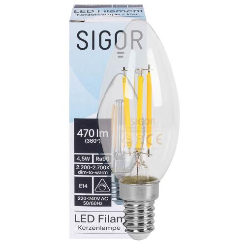 LED-Filament-Lampe Kerzen-Form klar E14 2700K bis 2200K Dim-to-Warm 4,5W