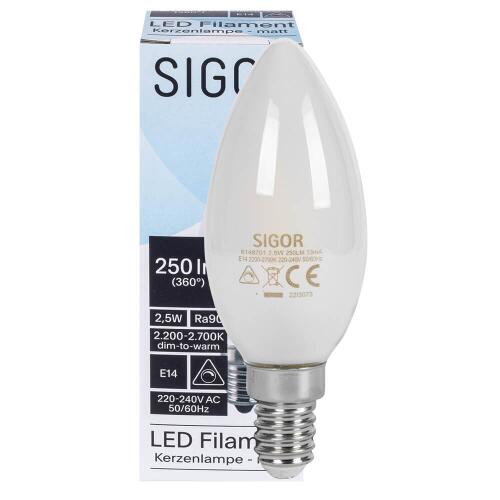 LED-Filament-Lampe Kerzen-Form matt E14 2700K bis 2200K Dim-to Warm 2,5W