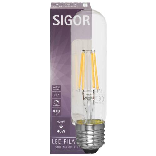 LED Filament Lampe Röhren-Form E27 4,5W klar dimmbar 2700K warmweiß