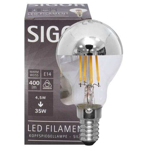 E14 LED Spiegelkopflampe silber 4,5W Filament 2700K warmweiß dimmbar